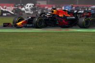 Red Bull's Max Verstappen competes during the Formula One Mexico Grand Prix auto race at the Hermanos Rodriguez racetrack in Mexico City, Sunday, Nov. 7, 2021. (AP Photo/Fernando Llano)