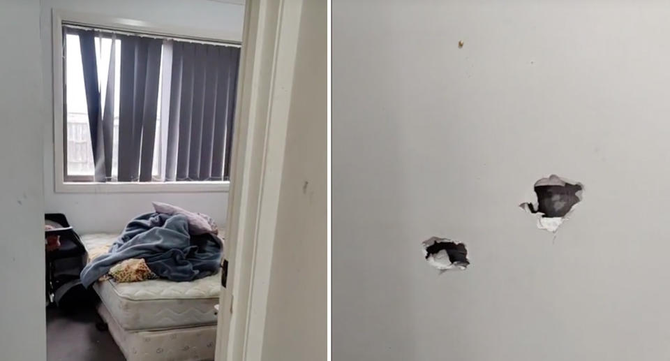 Left, a bedroom can be seen incredibly messy. Right, two holes can be seen in the wall. 