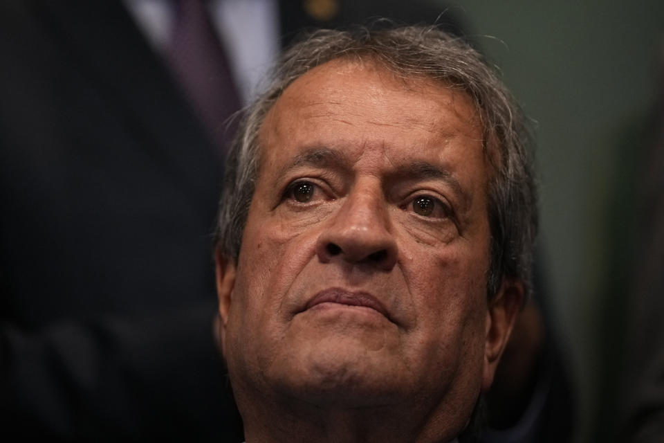 Valdemar Costa Neto, the leader of President Jair Bolsonaro's Liberal Party, center, attends a press conference regarding an investigation carried out by the party pointing out inconsistencies in voting machines used in the general elections, in Brasilia, Brazil, Tuesday, Nov. 22, 2022. Bolsonaro is contesting his defeat in the October election and calling on the electoral authority to annul votes cast on more than half of electronic voting machines used. (AP Photo/Eraldo Peres)