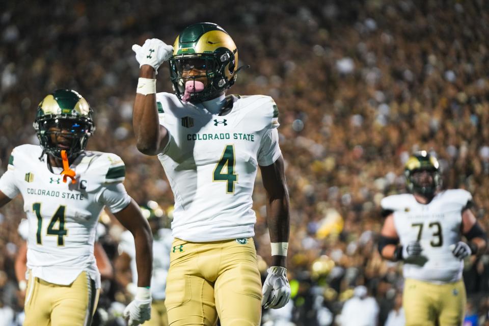 Colorado State's Louis Brown IV (4) reacts after scoring a touchdown during a college football game against CU at Folsom Field on Sept. 16 in Boulder.