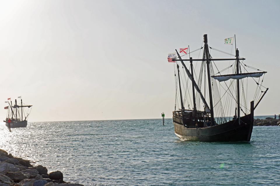 The Nina and the Pinta replica ships, operated by the  Columbus Foundation, travel through the Venice Inlet in March 2017. Dredging of the Venice Inlet, along with the Intracoastal Waterway south along the island of Venice is the top priority of a maintenance dredging plan currently being updated by the U.S. Army Corps of Engineers.
