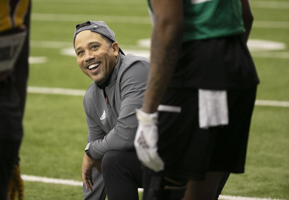 ASU interim wide receiver coach Bobby Wade smiles during an ASU football practice at the Kajikawa Practice Facility in Tempe on August 16, 2021.