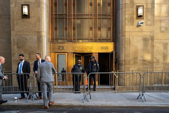 NEW YORK, NEW YORK - APRIL 15: Police Officers gather at Manhattan Criminal Court for former President Donald Trump's trial on April 15, 2024 in New York City. Jury selection is set to begin in the former president's criminal trial. Trump faces 34 felony counts of falsifying business records in the first of his criminal cases to go to trial. This is the first-ever criminal trial of a former president of the United States. (Photo by David Dee Delgado/Getty Images)