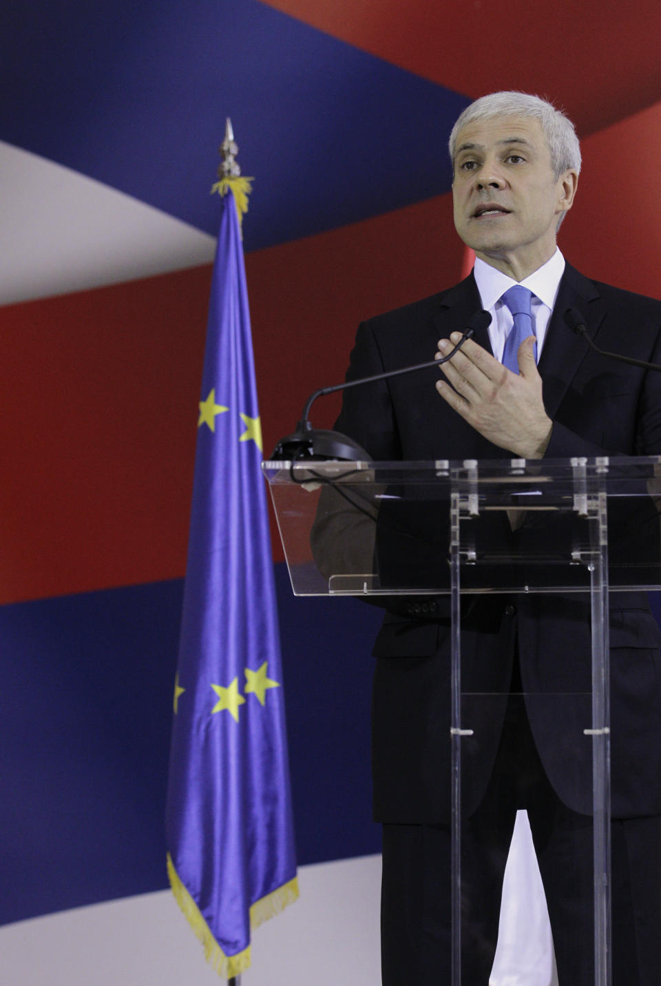 Serbian President Boris Tadic gestures as he delivers a speech during a news conference in Belgrade, Serbia, Friday, March 2, 2012. European Union leaders formally made Serbia a candidate for membership in the bloc, in a remarkable turnaround for a country considered a pariah just over a decade ago. (AP Photo/Darko Vojinovic)