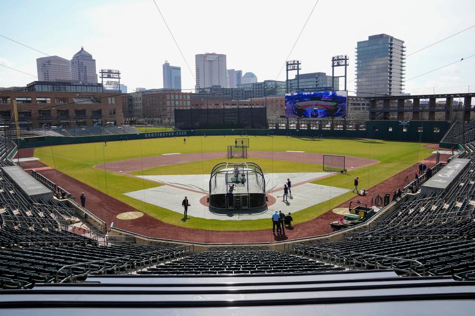 Mar 29, 2023; Columbus, Ohio, USA;  The Columbus Clippers take batting practice at Huntington Park. The team’s first game is Friday at Iowa, and they’ll open their home season April 4 against Charlotte. Mandatory Credit: Adam Cairns-The Columbus Dispatch