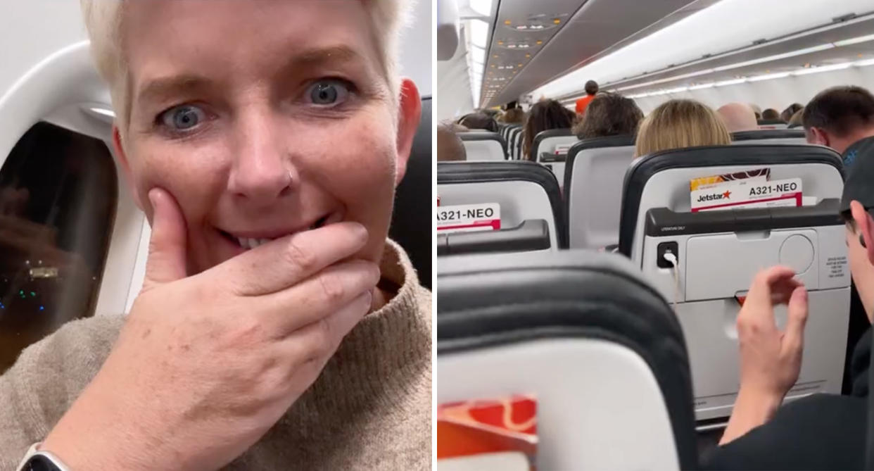 A Jetstar passenger Annie (left) and a image of the inside of the cabin (right). 