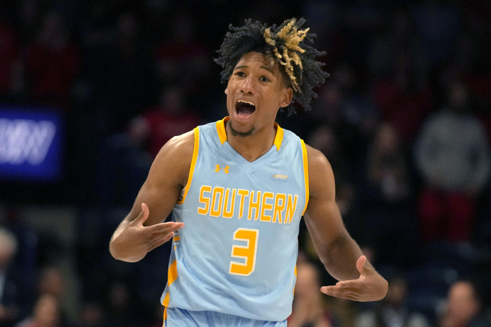 Southern University guard P.J. Byrd (3) reacts after losing the ball during the first half of an NCAA college basketball game against Arizona, Friday, Nov. 11, 2022, in Tucson, Ariz. (AP Photo/Rick Scuteri)