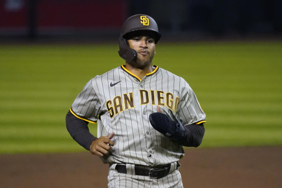 San Diego Padres right fielder Trent Grisham (2) in the first inning during a baseball game against the Arizona Diamondbacks, Friday, Aug 14, 2020, in Phoenix. (AP Photo/Rick Scuteri)