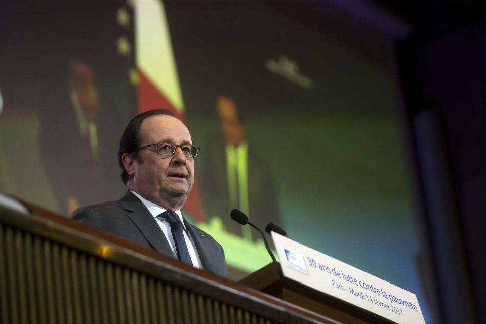 France's President Francois Hollande delivers a speech during a conference on poverty at the French Economic, Social and Environmental Council (CESE), in Paris, Tuesday, Feb. 14, 2017. (AP Photo/Thibault Camus, Pool)