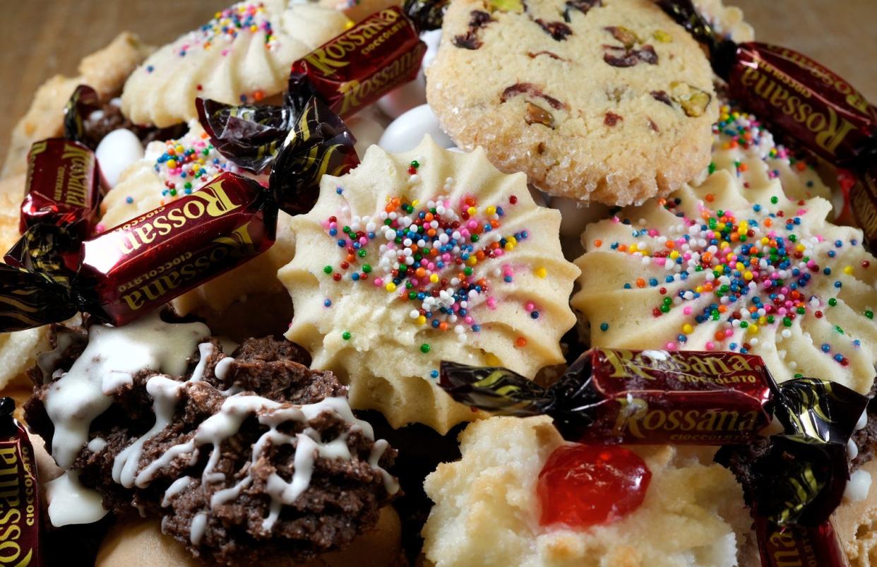 Italian cookie trays are sold at Scialo Brothers Bakery all year long. They have cookie trays for Easter.