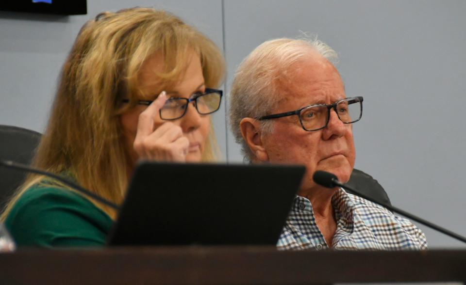 Brevard County Commission Chair Rita Pritchett and Commissioner Jason Steele listen to public comment related to arts funding at the commission's Aug. 22 meeting.