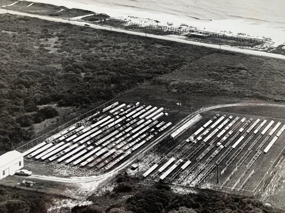 An aerial photo of the corrosion testing platforms at Kure Beach.