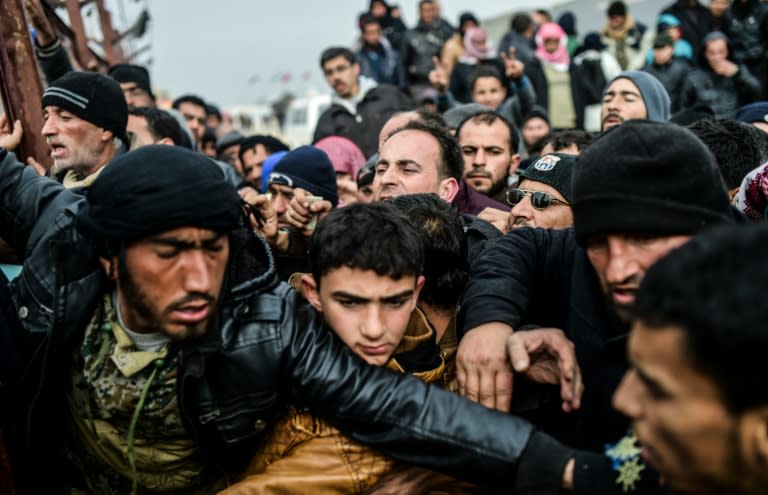 Displaced Syrians pictured in February near the city of Azaz close to the Turkish border, after fleeing a Russian-backed offensive on Aleppo