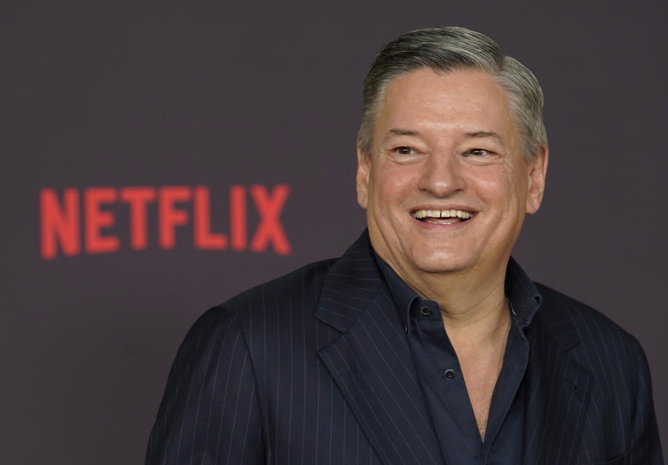 FILE - Netflix co-CEO Ted Sarandos poses at the premiere of the Netflix film "Good Grief," on Dec. 19, 2023, in Los Angeles. The typical compensation package for chief executives who run companies in the S&P 500 jumped nearly 13% in 2023. (AP Photo/Chris Pizzello, File)