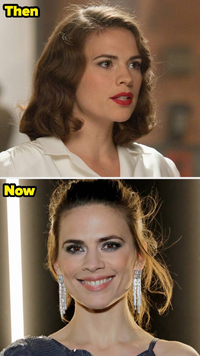 Peggy Carter with a curly bob and lipstick