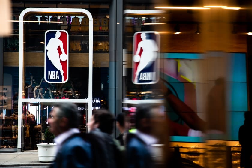 NEW YORK, NY - MARCH 12: An NBA logo is shown at the 5th Avenue NBA store on March 12, 2020 in New York City. The National Basketball Association said they would suspend all games after player Rudy Gobert of the Utah Jazz reportedly tested positive for the Coronavirus (COVID-19). (Photo by Jeenah Moon/Getty Images)