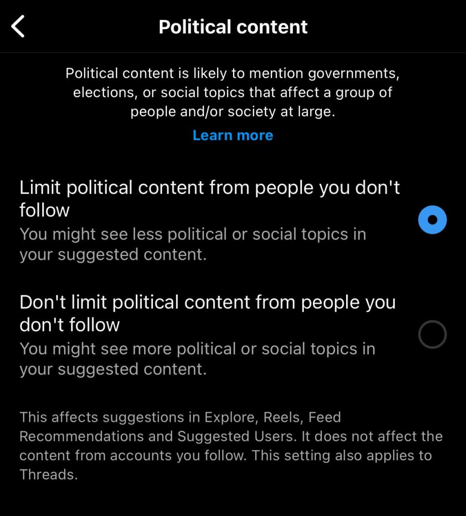 Instagram's political content limit was added to user accounts in March 2024.
