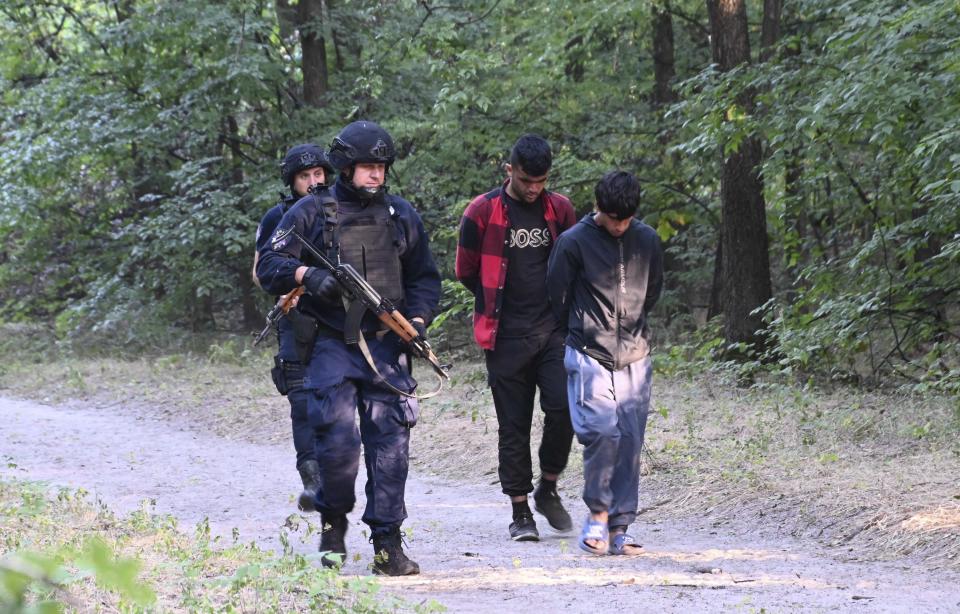 In this photo provided by the Serbian Interior Ministry, Serbian police officers detain migrants at an undisclosed location close to the country's border with Hungary, Tuesday, Sept. 12, 2023. Serbian police have rounded up hundreds of migrants and found automatic weapons in a raid along the border with Hungary where frequent clashes have been reported between groups of smugglers exploiting the hardship of people trying to reach Western Europe. (Serbian Ministry of Interior via AP)