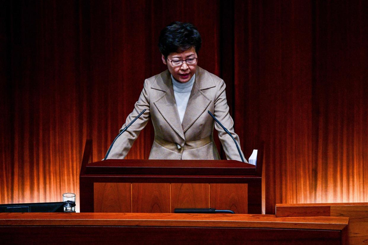 Hong Kong chief executive Carrie Lam answers questions in the legislature in Hong Kong on Thursday: AFP via Getty Images