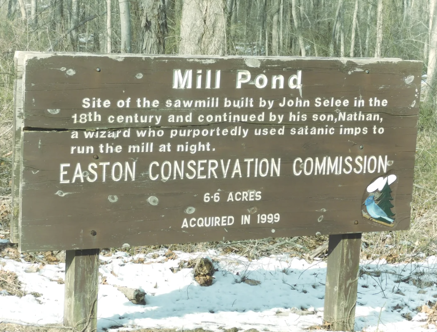 Signboard at Mill Pond detailing its history and acquisition by the Easton Conservation Commission