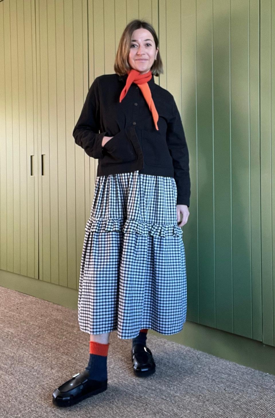 The Well Worn dress, Rapanui shacket, Lucky Stitch neckerchief, Rock + Ruby socks, Grenson shoes