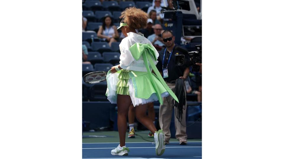 Naomi Osaka wears a green tennis outfit at the U.S. Open looks for her match on August 27th, 2024 inspired by Japanese Loligoth with Naomi's request.