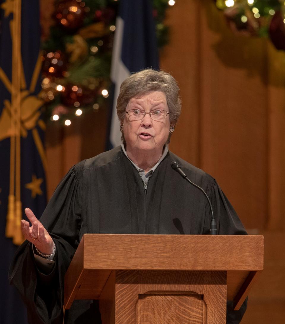 Sarah Evans Barker, judge of the U.S. District Court for the Southern District of Indiana, seen here at a 2020 swearing-in ceremony for Indianapolis Mayor Joe Hogsett, wrote in a ruling that Sarkes Tarzian and the nonprofit Right to Life Victory Fund are unlikely to be sued for their intended contribution and spending.