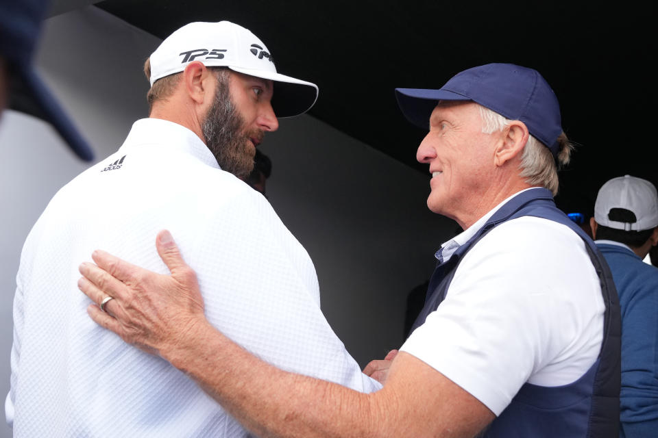 Greg Norman and Dustin Johnson, pictured here on day one of the LIV Golf Invitational - London.