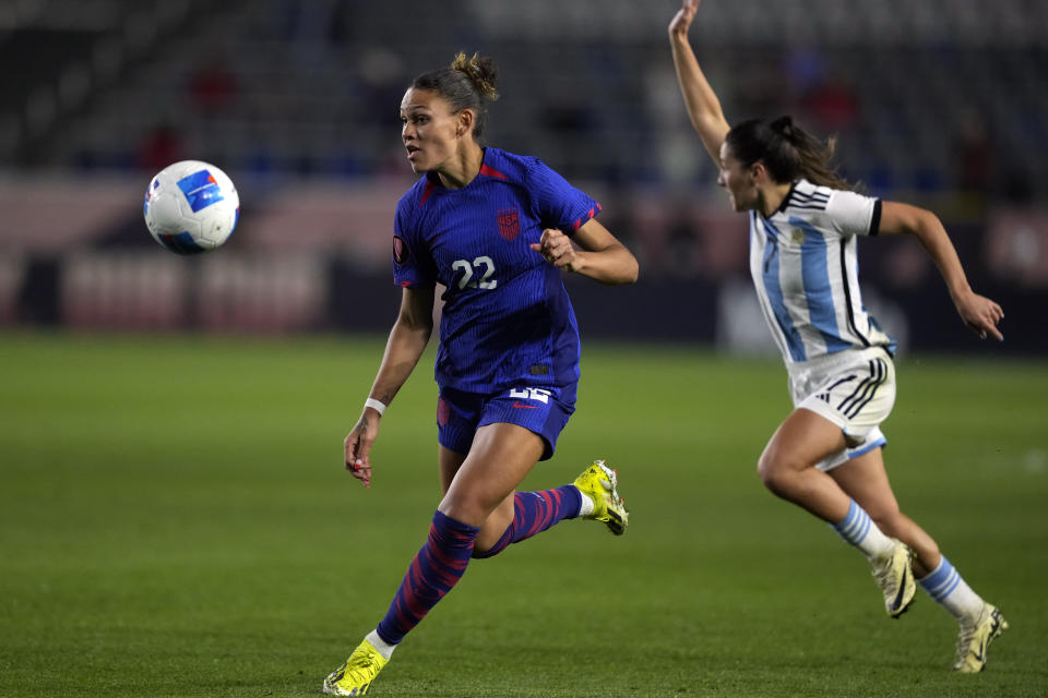 U.S. forward Trinity Rodman, left, controls the ball as Argentina midfielder Romina Nuñez chases during the second half of a CONCACAF Gold Cup women's soccer tournament match, Friday, Feb. 23, 2024, in Carson, Calif. (AP Photo/Ryan Sun)