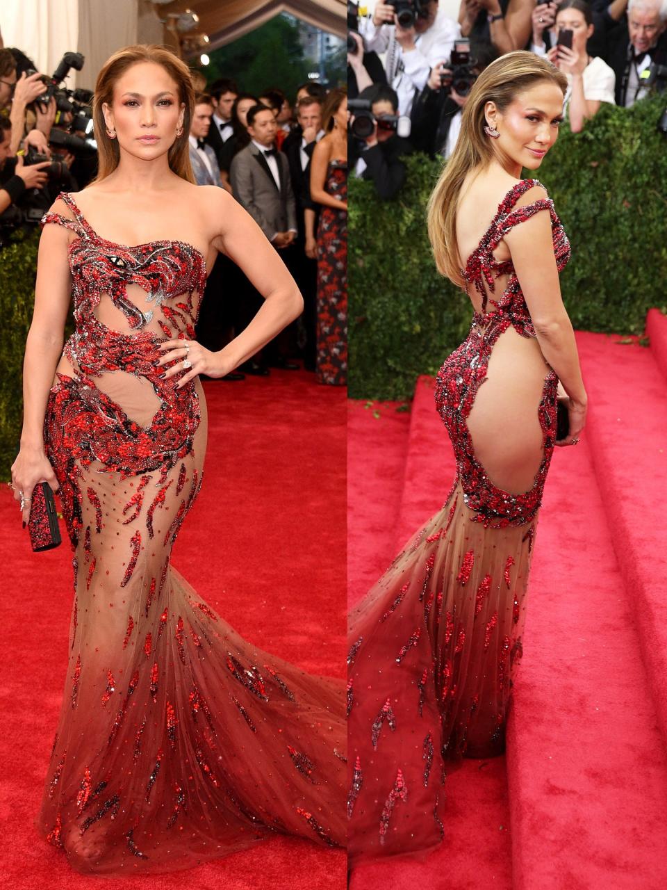 Jennifer Lopez Met Gala red jeweled dress 2015