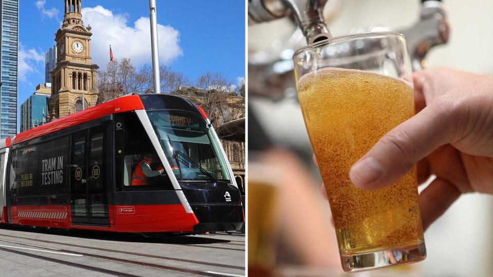 A Sydney light rail train on the left, and a beer tap pouring into a glass on the right.