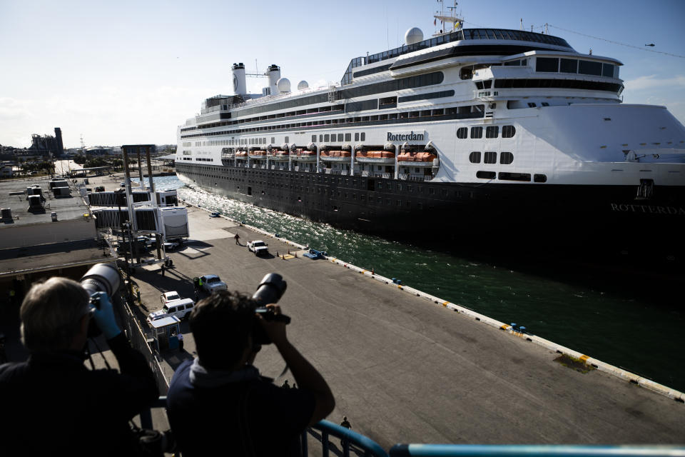 FLORIDA, USA USA - APRIL 02: Media worker take photos as M/S Rotterdam Cruise Ship arrives at Port Everglades in Fort Lauderdale, Florida, United States on April 02, 2020. (Photo by Eva Marie Uzcategui Trinkl/Anadolu Agency via Getty Images)