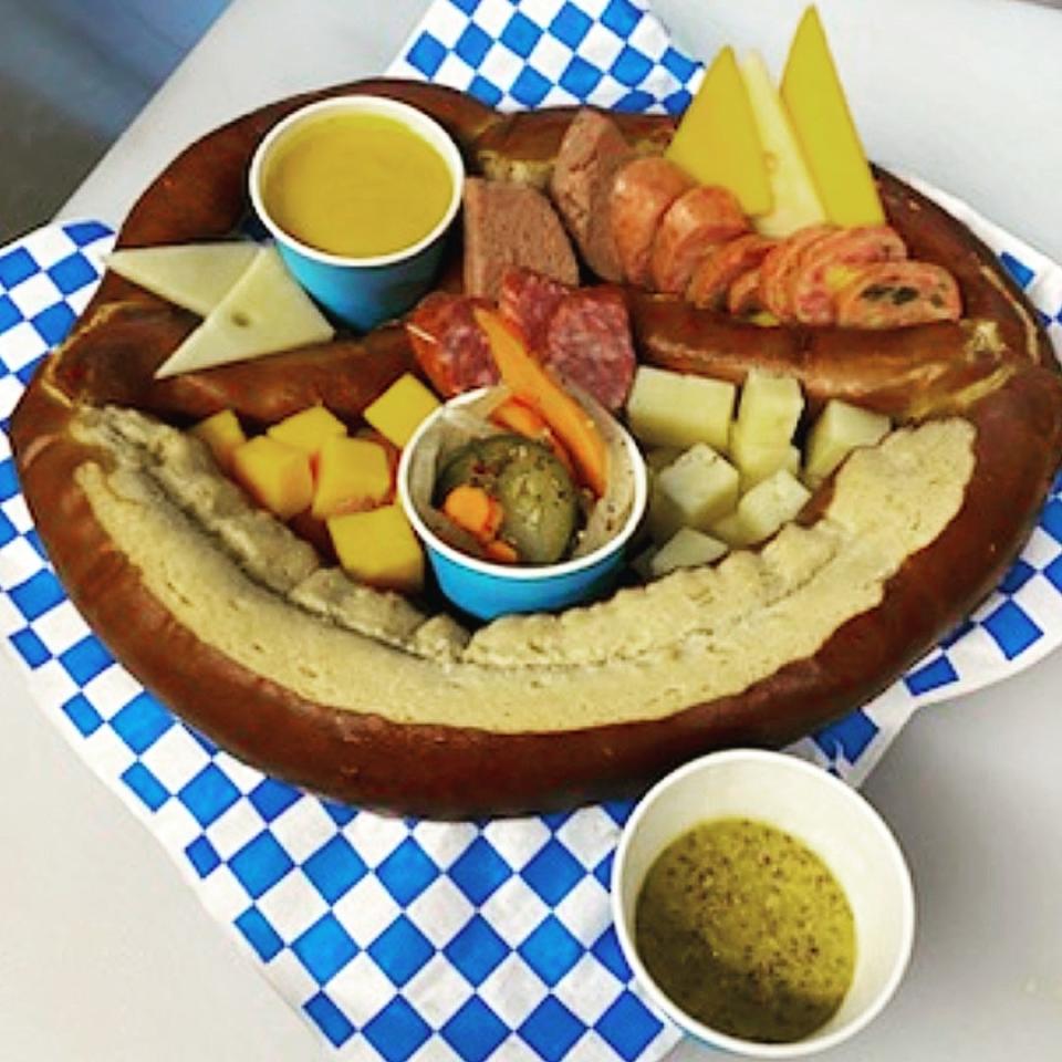 German food in a pretzel is a dish at Bauhaus Biergarten in Springdale, Arkansas