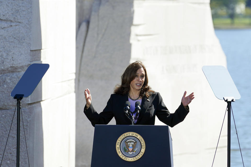 Vice President Kamala Harris speaks during an event marking the 10th anniversary of the dedication of the Martin Luther King, Jr. Memorial in Washington, Thursday, Oct. 21, 2021. (AP Photo/Susan Walsh)