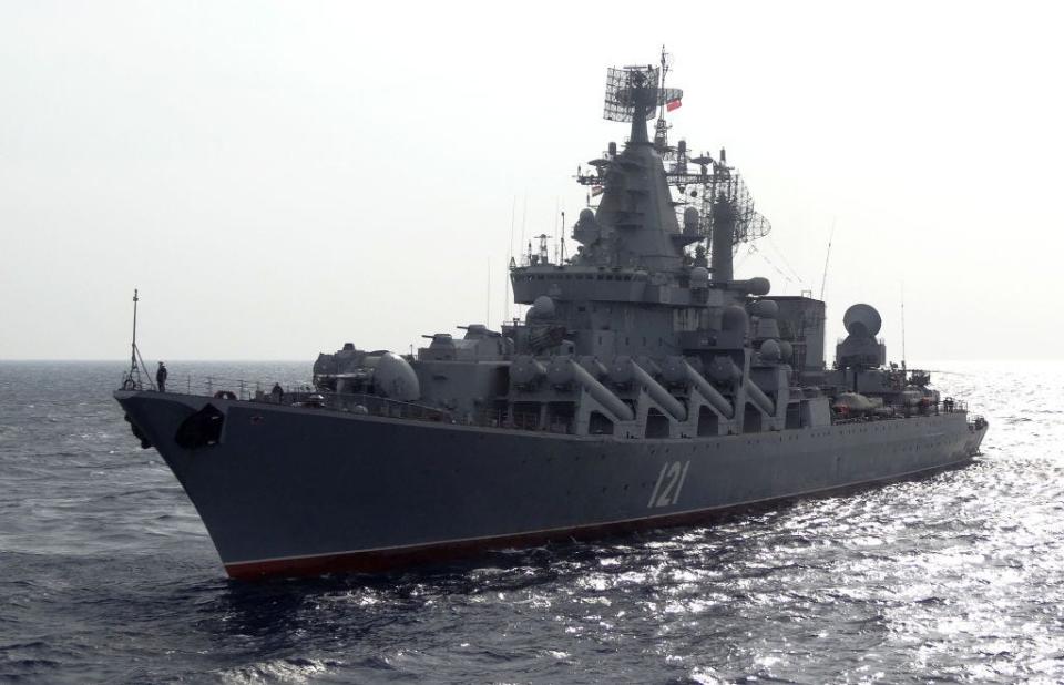 The Russian missile cruiser Moskva patrols in the Mediterranean Sea, off the coast of Syria, on December 17, 2015.