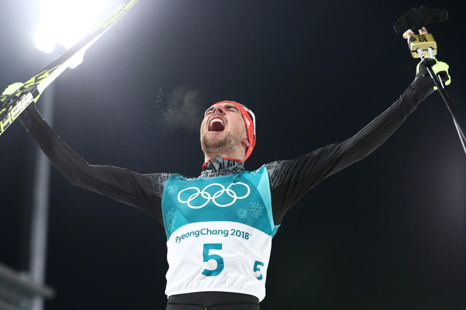 <p>Johannes Rydzek of Germany celebrates winning the gold medal during the Nordic Combined Individual Gundersen 10km Cross-Country on day eleven of the PyeongChang 2018 Winter Olympic Games at Alpensia Cross-Country Skiing Centre on February 20, 2018 in Pyeongchang-gun, South Korea. (Photo by Lars Baron/Getty Images) </p>