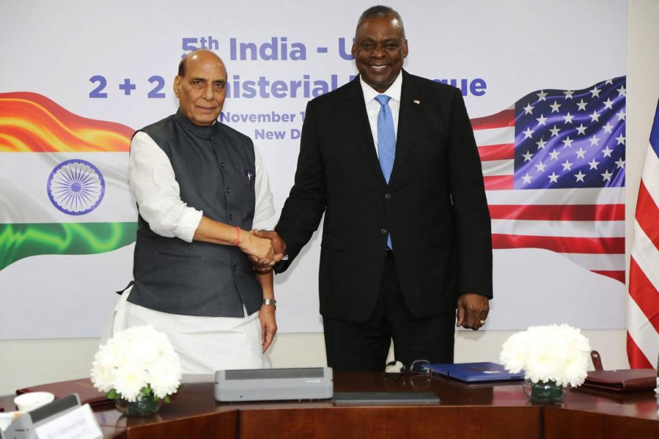 India’s defence minister Rajnath Singh (L) with US secretary of defence Lloyd Austin during their bilateral meeting in New Delhi (PIB/AFP via Getty Images)