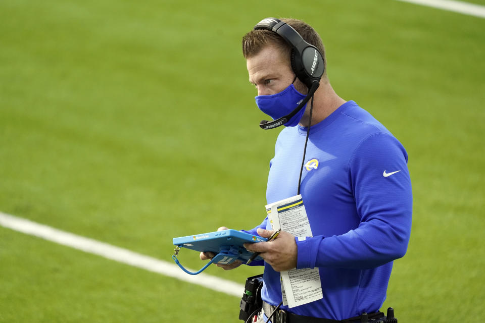 Los Angeles Rams head coach Sean McVay walks the sideline during the first half of an NFL football game against the San Francisco 49ers Sunday, Nov. 29, 2020, in Inglewood, Calif. (AP Photo/Alex Gallardo)