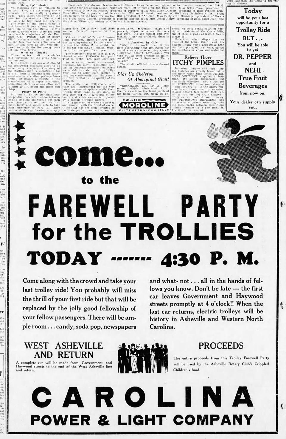 A notice about the end of the line for Asheville's streetcars appearedin a 1934 edition of the Asheville Citizen.