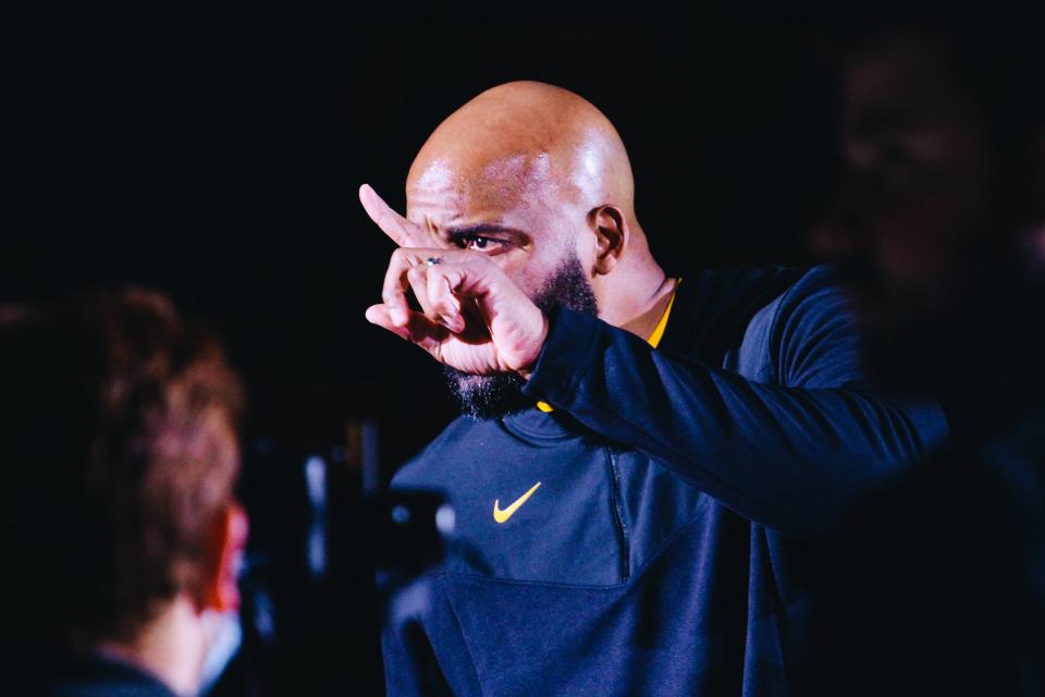 Missouri head coach Cuonzo Martin points during introductions before a game against UMKC on Monday at Mizzou Arena.