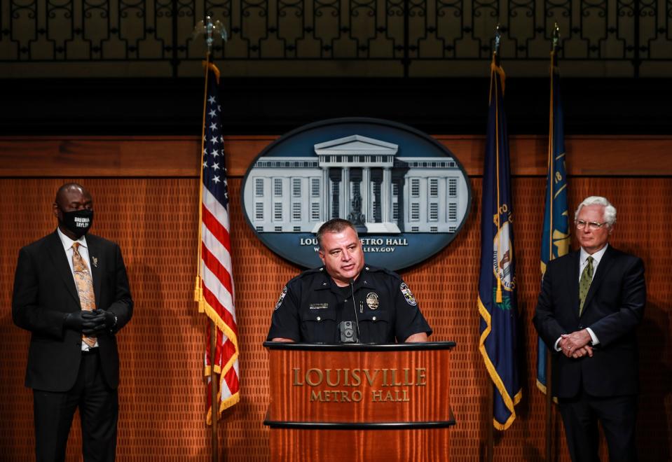 Then-interim LMPD Chief Robert Schroeder speaks at a press conference in September 2020, toward the end of his four months in the role.