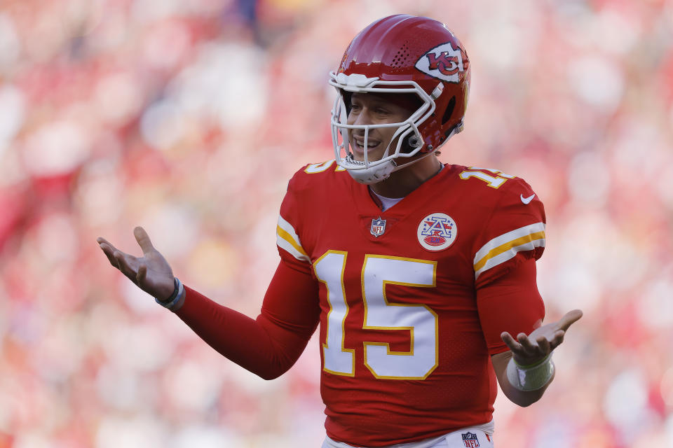 KANSAS CITY, MISSOURI - OCTOBER 16: Patrick Mahomes #15 of the Kansas City Chiefs reacts during the first quarter against the Buffalo Bills at Arrowhead Stadium on October 16, 2022 in Kansas City, Missouri. (Photo by Jason Hanna/Getty Images)