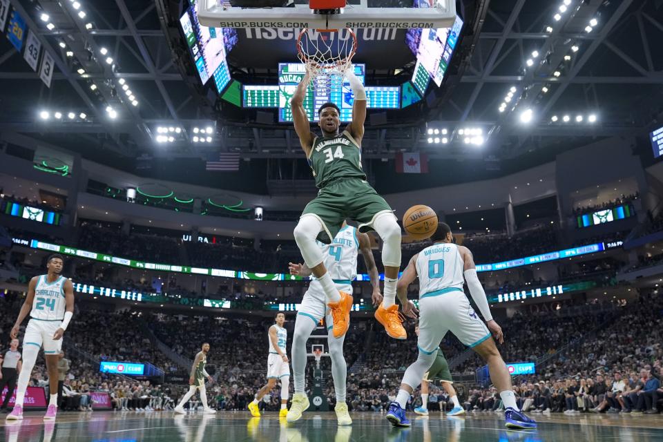 Milwaukee Bucks' Giannis Antetokounmpo dunks during the first half of an NBA basketball game against the Charlotte Hornets Tuesday, Feb. 27, 2024, in Milwaukee. (AP Photo/Morry Gash)