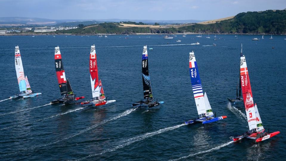 The starting line of day one’s races. New Zealand (black boat in center) dominated. - Credit: Courtesy SailGP