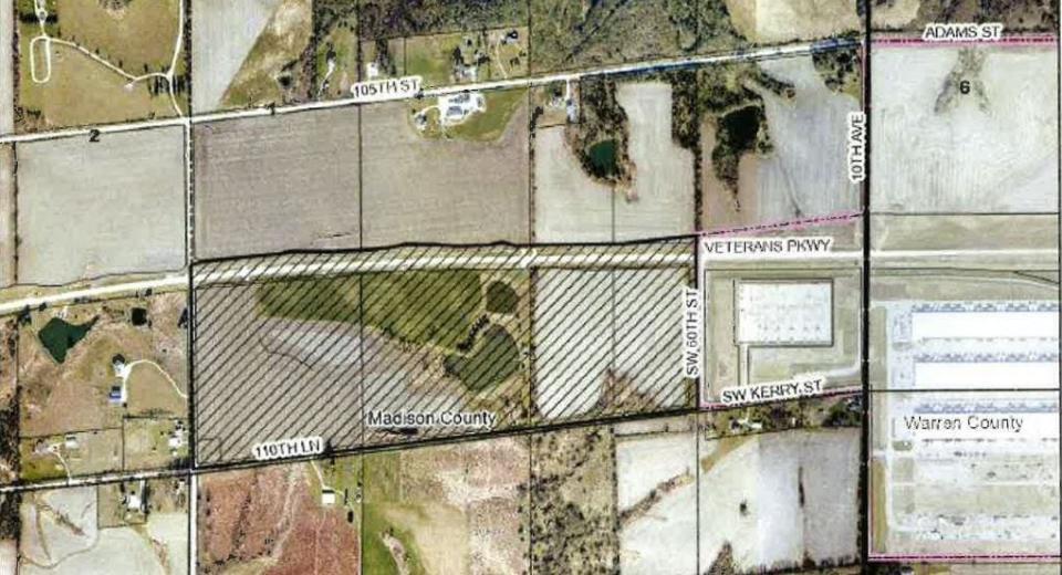 A map shows the 132 acres of land that's been annexed for anticipated development of a sixth Microsoft data center, to be called Ruthenium. Osmium, the company's third data center, can be seen to the southeast.