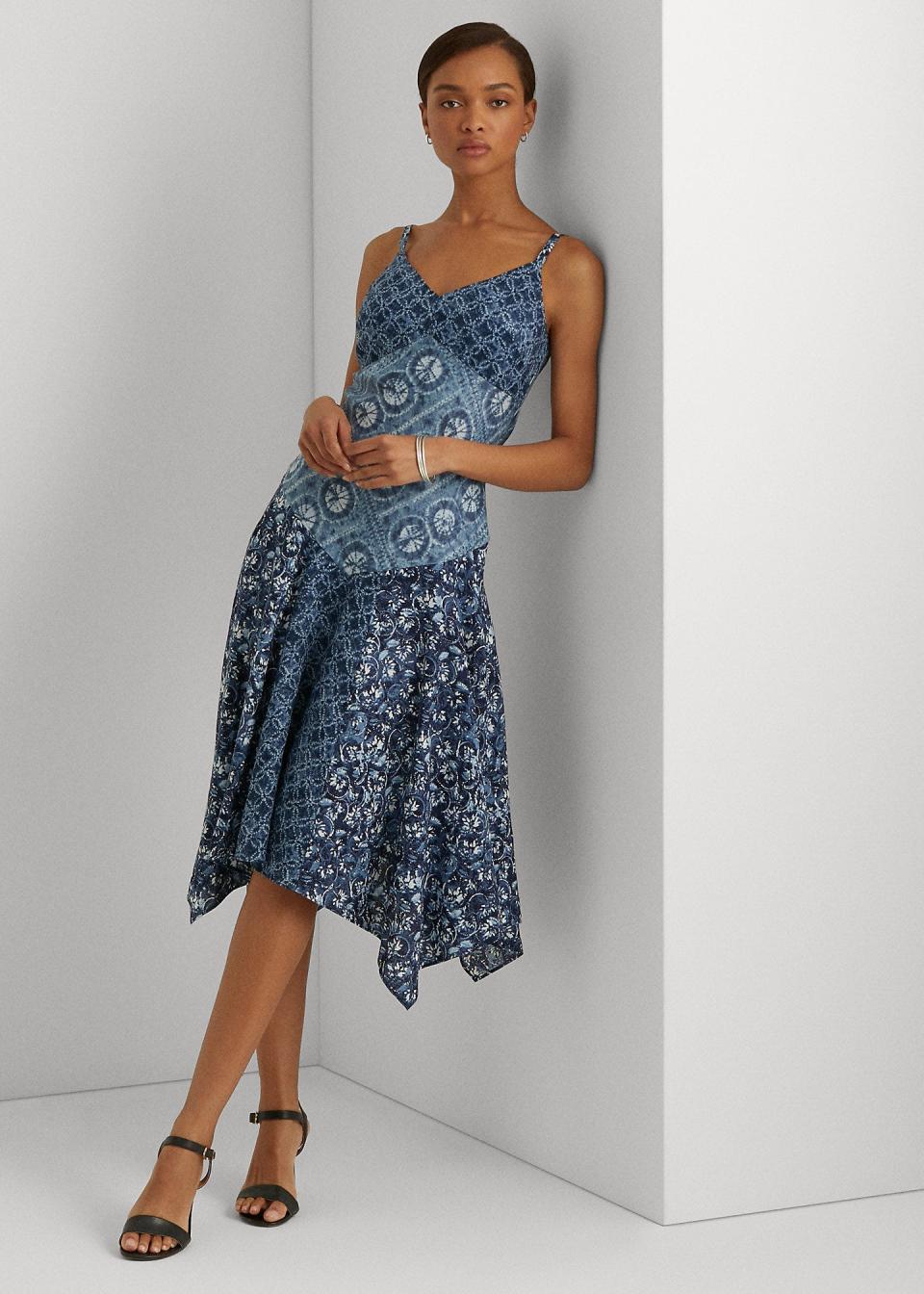 Patchwork-Print Linen Sleeveless Dress