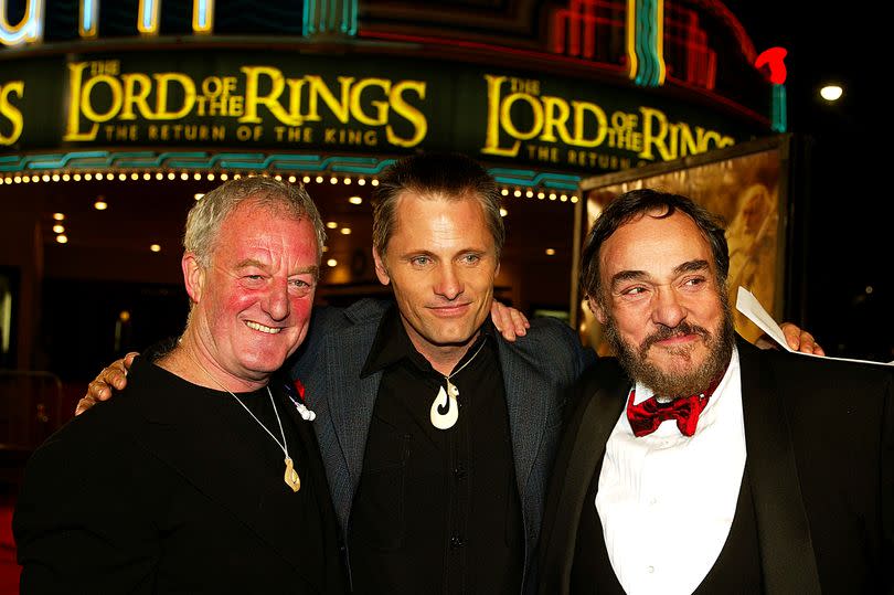 Bernard Hill, John Rhys-Davies and Viggo Mortensen pose at the premiere of "The Lord of the Rings: The Return of the King" held on December 3, 2003 at the Village Theater, in Los Angeles