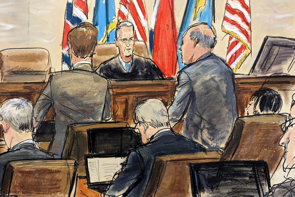 This artist sketch depicts Dominion Voting Systems attorney Justin Nelson, standing left, and Fox News attorney Daniel Webb, standing at right, speaking to Judge Eric Davis before finishing jury selection in Delaware Superior Court Tuesday, April 18, 2023, in Wilmington.
