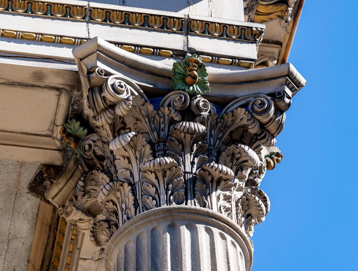 The ornate detail of a pillar on the outside of St. Luke Emanuel Missionary Baptist Church on Wednesday March 6, 2024, in Milwaukee, Wis.