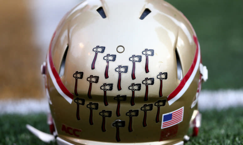 A closeup of a Florida State Seminoles football helmet.